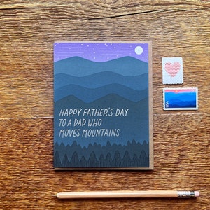 Papa bergen kaart, bomen en bergen Happy Father's Day Card, enkele wenskaart en envelop