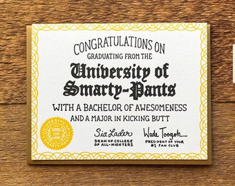 Congratulations Smarty-Pants, Humor Grad Card, Graduation Card, Letterpress Note Card, Blank Inside