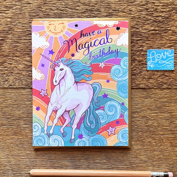 Unicorn Birthday Card, Magical Birthday Card, Foil Printed Card, Blank Inside