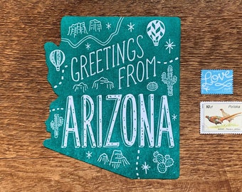 Arizona Postcard, Greetings from Arizona, Die Cut Letterpress State Postcard