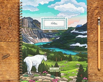 Notatnik w Parku Narodowym Glacier, koza górska, oprawiony drutem, w linie