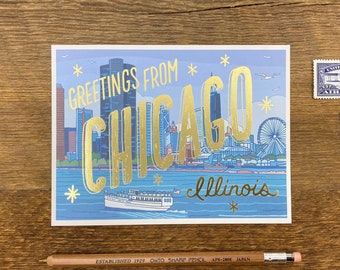 Chicago Postcard, Greetings from Chicago Illinois, Illinois Postcard, Foil and Digitally Printed Postcard