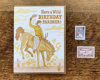 Howdy Pardner, Cowboy Birthday, Birthday Card, Letterpress Folded Greeting Card, Blank Inside