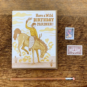 Howdy Pardner, Cowboy Geburtstag, Geburtstagskarte, Buchdruck gefaltet Grußkarte, leere innen