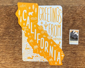 Carte postale californienne, salutations de Californie, carte postale d'État typographique découpée