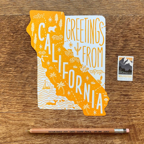 California Postcard, Greetings from California, Die Cut Letterpress State Postcard