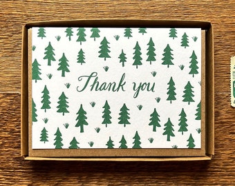 Pine Tree Pattern Thank You Cards, Thanks, Boxed Set of 6 Letterpress Folded Note Cards, Blank Inside