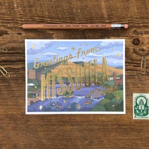 Missoula Foil Postcard, Greetings from Missoula Montana, Single Foil and Offset Printed Postcard