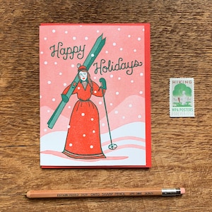 Joyeuses Fêtes, Ski Lady, Carte de vacances, Carte de ski, Lettre de lettres Pliée Carte, Vierge à l’intérieur