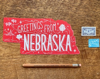 Nebraska Postcard, Greetings from Nebraska, Die Cut Letterpress State Postcard