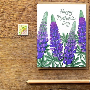 Alles Gute zum Muttertag, Lupinen Blumen, Gefaltet Letterpress Grußkarte, Innen blanko