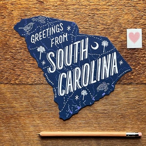 Carte postale de Caroline du Sud, Salutations de Caroline du Sud, The Palmetto State, Single Die Cut Letterpress State Postcard