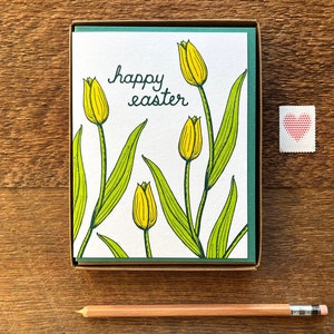 Tulipas de feliz Páscoa, cartões de Páscoa, conjunto em caixa de 6 cartões tipográficos, em branco dentro