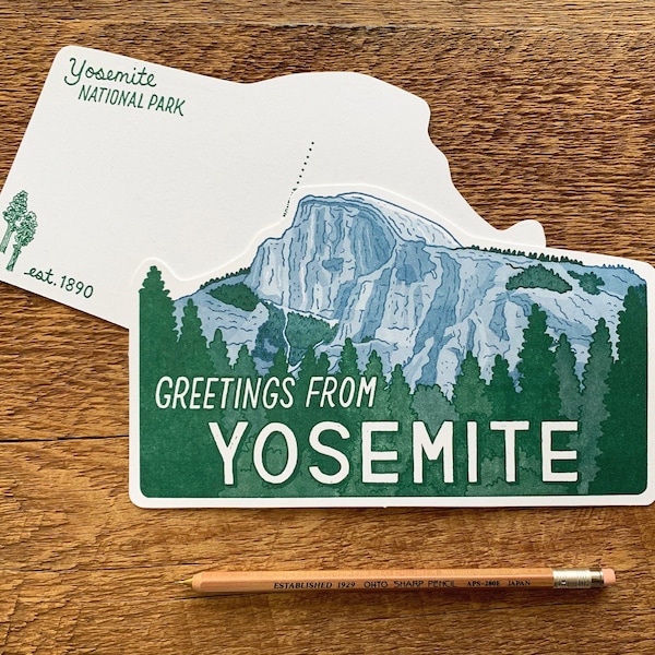 Carte postale de Yosemite, salutations de Yosemite, carte postale de moitié dôme, carte postale de parc national de Yosemite, carte postale de letterpress de coupure de coupure