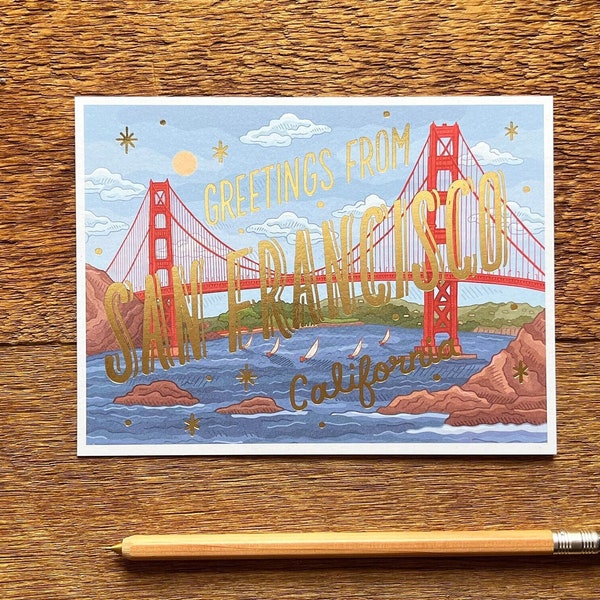San Francisco Postcard, Greetings from San Francisco California, California Postcard, Foil and Digitally Printed Postcard