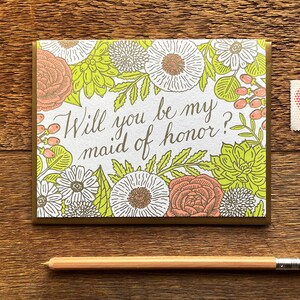 Floral Maid of Honor Card, Will You be my Maid of Honor, Letterpress Note Card, Blank Inside image 1