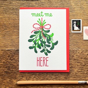 Treff dich hier, Mistelzweig, Letterpress gefaltete Karte, leere Innenseite