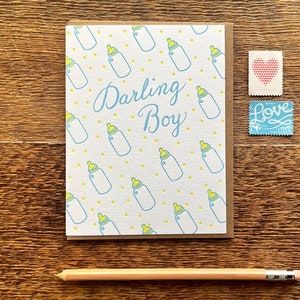 Darling Boy, Baby Card, Baby Bottle Pattern, Letterpress Note Card, Blank Inside image 1