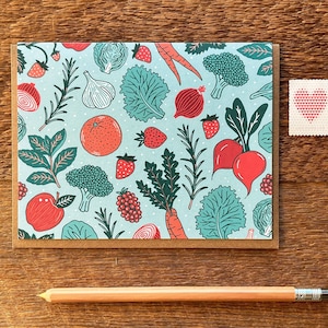 Motivo con verdure e frutta, biglietto di auguri con motivi, interno vuoto