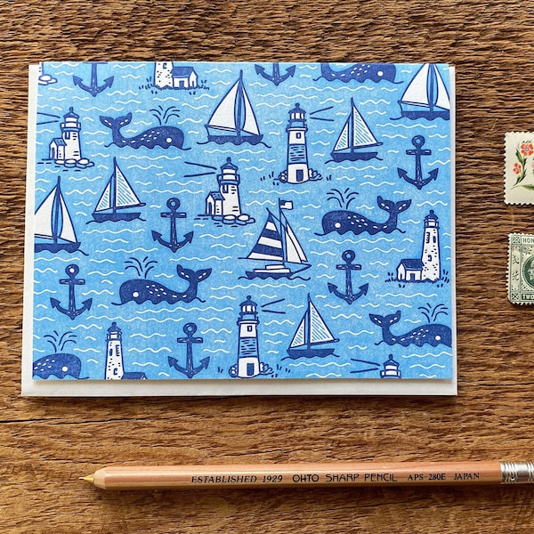 Whales & Sails, Sailboats and Lighthouses and Whales,  Boxed Set of 6 Letterpress Cards, Blank Inside