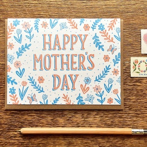 Happy Mother's Day, Flower Pattern, Floral Mother's Day Card, Folded Letterpress Card, Blank Inside