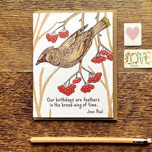 鳥の誕生日の名言、誕生日の羽根、ワックスウィングカード、活版印刷の誕生日カード、活版印刷の折り畳みカード、中は空白