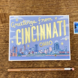 Cincinnati Postcard, Greetings from Cincinnati, Foil and Digitally Printed Postcard