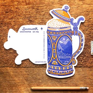 Leavenworth Beer Stein Postkarte, Leavenworth Postkarte, Letterpress Postkarte, Die Cut Postkarte
