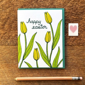 Frohe Ostern Tulpen, Osterkarte, Letterpress Grußkarte, leere Innenseite