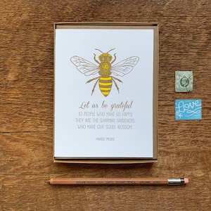 Bee dankbaar, laten we dankbaar zijn, honingbij, vriendschap citaat, boxed set van 6 boekdruk notitiekaarten, blanco binnenin