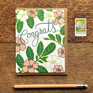 Congrats Flowers, Congratulations Card, Letterpress Note Card, Blank Inside