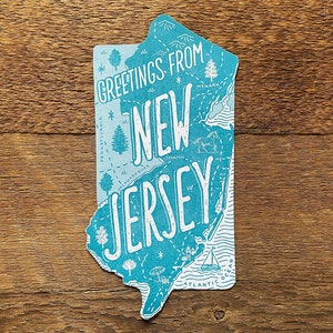 Carte postale du New Jersey, Salutations du New Jersey, carte postale d'État typographique découpée