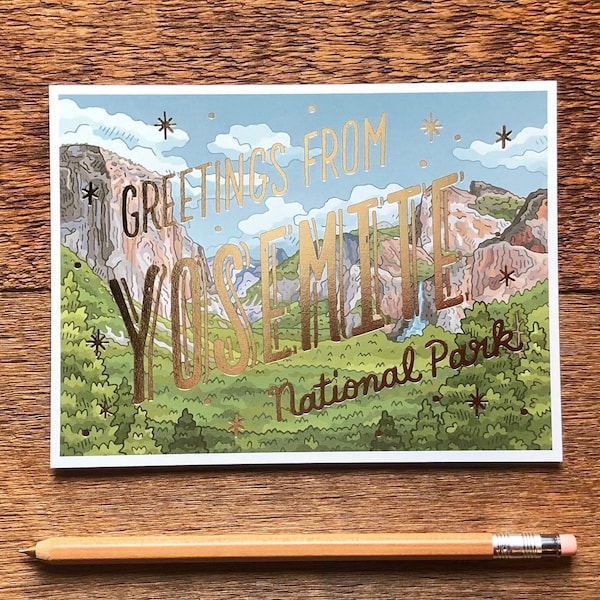 Yosemite National Park Postcard, Greetings from Yosemite National Park, Foil and Digitally Printed Postcard