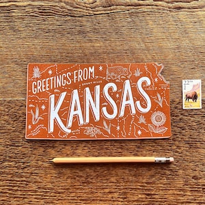 Kansas Postkarte, Greetings from Kansas, Die Cut Letterpress State Postkarte