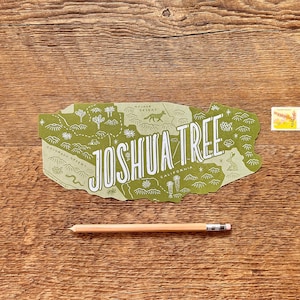Carte postale de Joshua Tree, carte du parc national de Joshua Tree en Californie, carte postale de parc national de typographie découpée avec des matrices