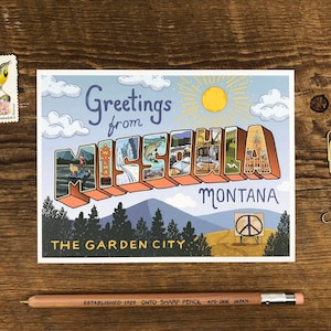 Missoula Icons Postcard, Greetings from Missoula Montana, Single Offset Printed Postcard