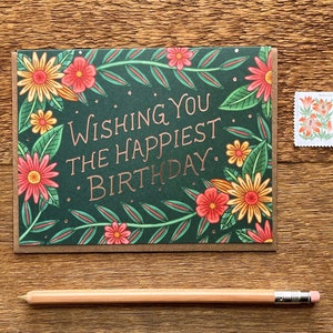 Carte le plus heureux d'anniversaire, carte d'anniversaire florale, carte pliée simple, vierge à l'intérieur image 1