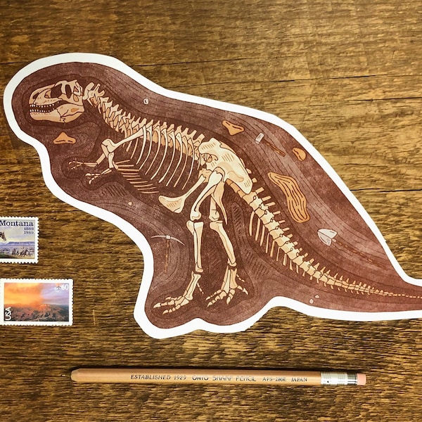 Dinosaur Fossil Postcard, Tyrannosaurus Rex Postcard, Die Cut Letterpress Postcard