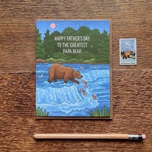 Greatest Papa Bear Father's Day, Grizzly Bear Father's Day, Single Foil & Offset Printed Greeting Card and Envelope image 1