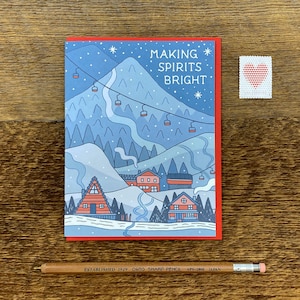 Making Spirits Bright Card, Skiing Holiday Card, Christmas Card, Foil Printed Greeting Card, Blank Inside