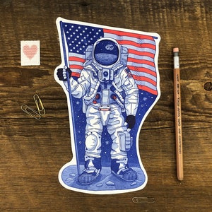 Cartão postal Homem na Lua, Cartão postal Astronauta no espaço, Citação de Neil Armstrong, Centro Espacial Kennedy, Cartão postal tipográfico recortado único