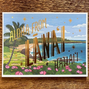 Lanai Postcard, Greetings from Lanai Hawaii, Single Foil and Offset Printed Postcard