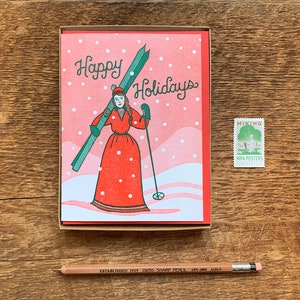 Ski Lady Happy Holidays, Holiday Card, Skiing Christmas Card, Boxed Set of 6 Letterpress Note Cards, Blank Inside