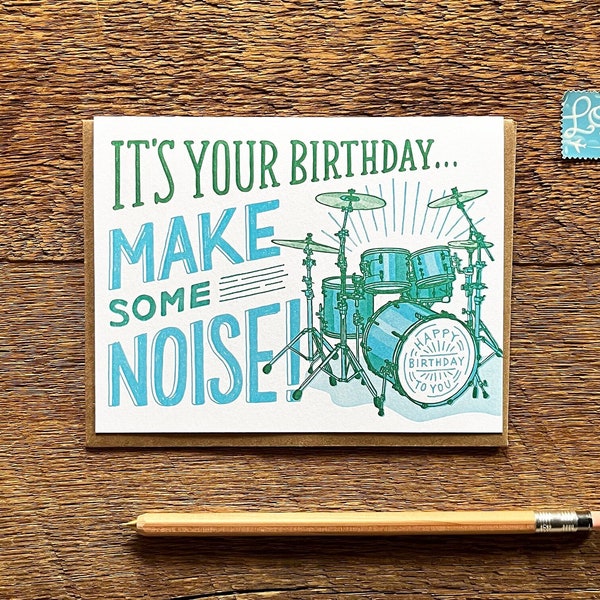 Make Some Noise Birthday Card, Kid's Birthday Card, Folded Letterpress Note Card, Blank Inside