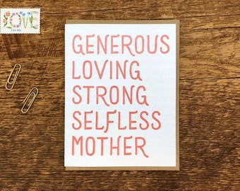 Caring Mother, Happy Mother's Day, Mother's Day Card, Folded Letterpress Card, Blank Inside