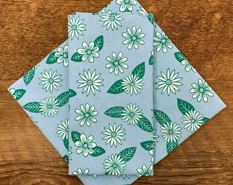 Blue Floral Bandana, Daisy Pattern, Made in the USA, Single Screen Printed Bandana