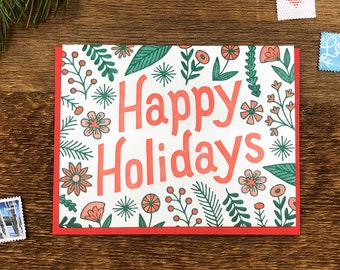 Happy Holidays Flora Christmas Card, Holiday Card, Letterpress Greeting Card, Blank Inside