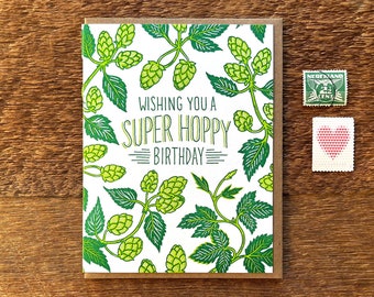 Wishing You a Super Hoppy Birthday, Beer Birthday Card, Beerthday Card, Letterpress Folded Card, Blank Inside