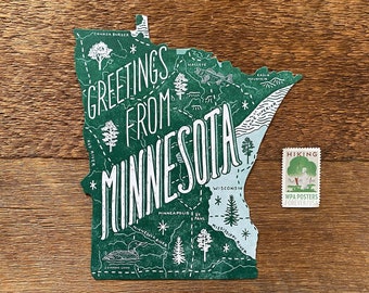 Minnesota Postcard, Greetings from Minnesota, Die Cut Letterpress State Postcard