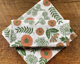 Pink and Green Floral Tea Towel, Floral Pattern, Kitchen Towel, Flour Sack Towel, Hostess Gift